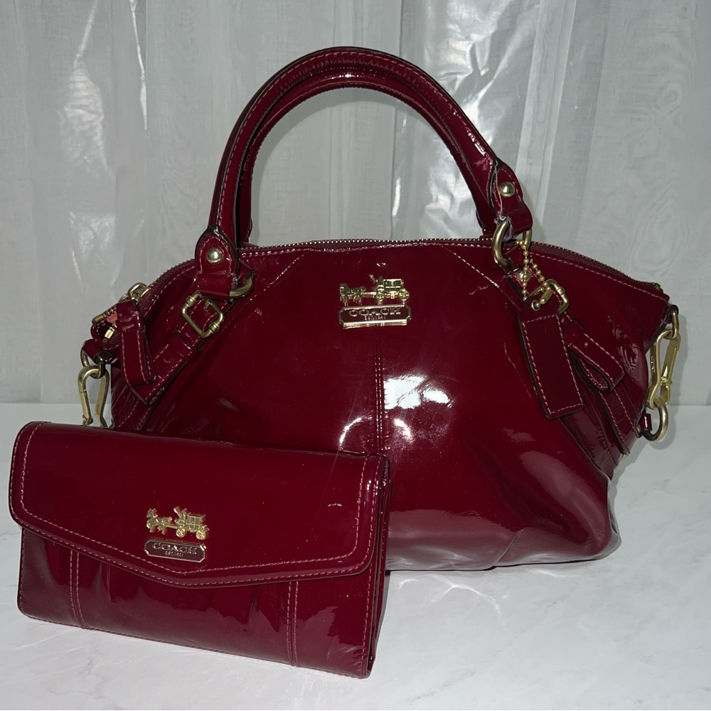 Cherry Red Coach purse with matching wallet